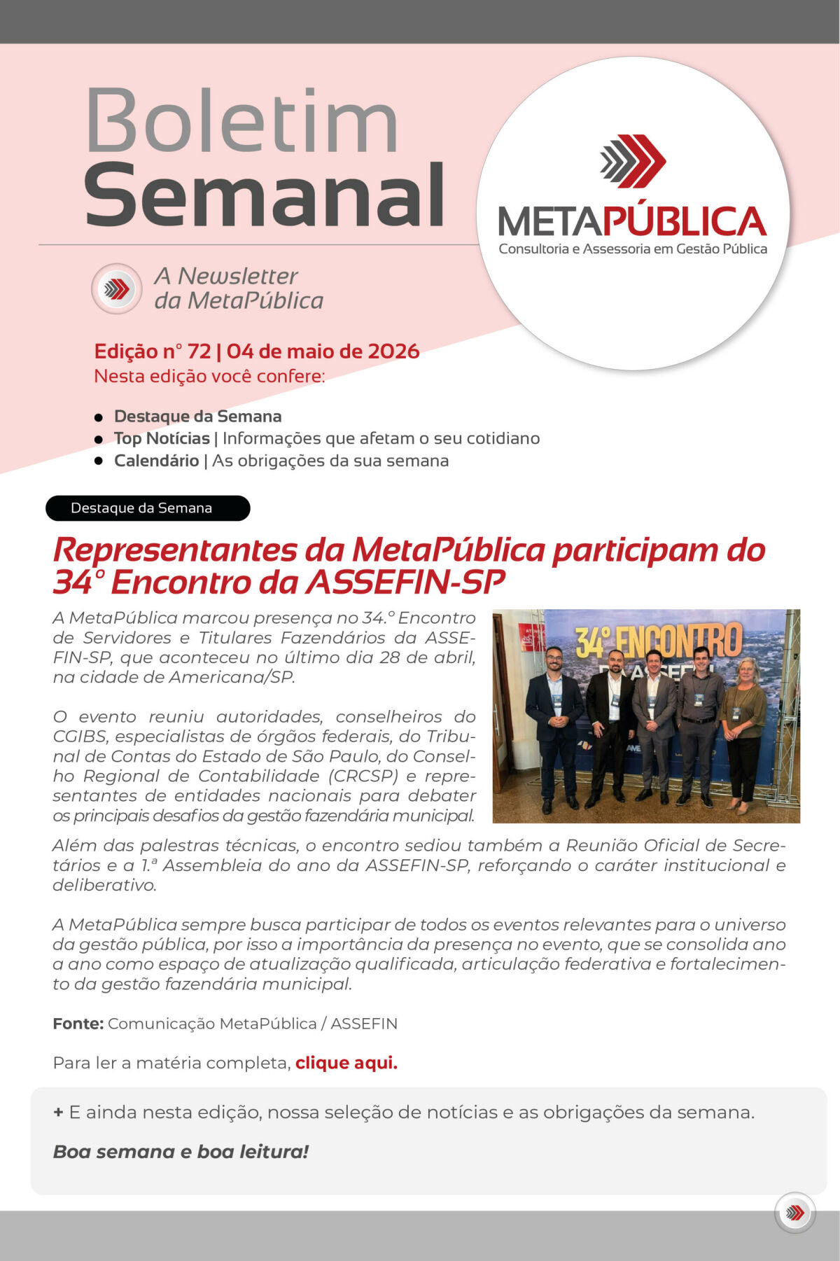 Imagem principal de BOLETIM SEMANAL Nº 72 - 04 DE MAIO DE 2026